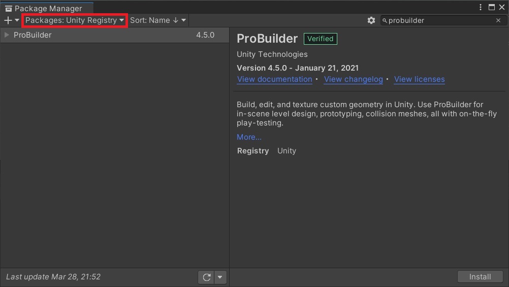 【Unity】Unity 2020.3.1.f1(LTS)のPackage ManagerにProBuilderが無い？