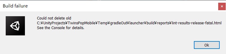 【Unity】Android用のapkをビルドしようとしたら「Build failure: could not delete old … See the Console for details.」と出た時の対処